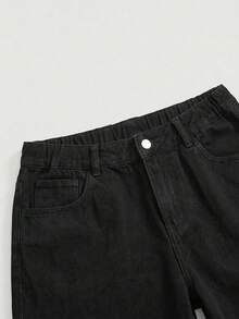 ROMWE J-Fashion 男女皆宜的复古嘻哈亚文化鲤鱼花卉刺绣宽松阔腿牛仔裤 - 黑色 - 查看 2