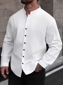 EGENSIO Men's Plaid Ribbed Long Sleeve Mandarin Collar Shirt - White - View 6