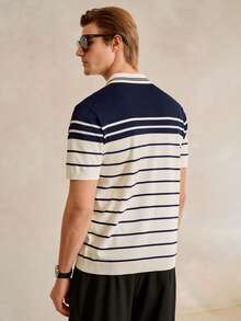 Manfinity CityGents Men's Striped Polo Collar Short Sleeve Casual Commuter Knit Top Men Stripe T Shirt College Style Pattern Polo Men Striped Polo Men Men Buttoned Knitted Polo Summer Wear For Men Men Stripe Polo Men Short Sleeve Polo