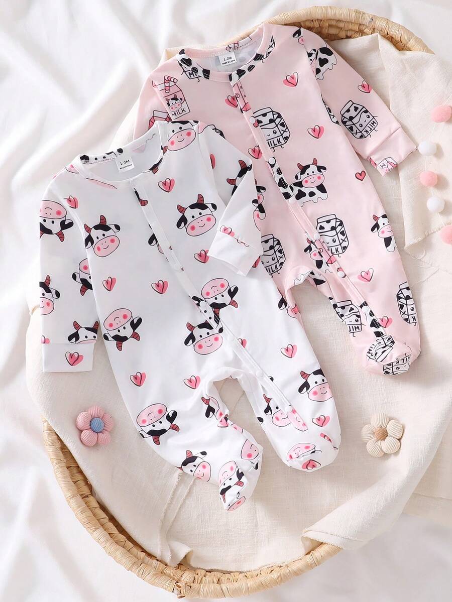 Newborn Cute Animal Cartoon Theme Pink Khaki Cow Heart Pattern Long Sleeve Footed Romper Set - Baby Pink - View 1