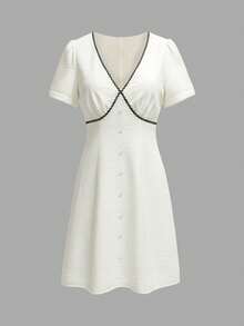 Women's Casual V-Neck Contrast Trim Puff Sleeve Mini Dress - Beige - View 3