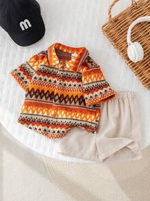 SHEIN 2pcs Baby Boys Texture Knit Shirt And Khaki Casual Shorts, Suitable For Vacation, Birthday Party, Rave, Evening Party, Performance, Wedding, Baby Shower, And 1st Birthday Celebration - Multicolor - View 7