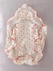 新生儿杏色底红色波点图案长袖连体衣，含帽子和襁褓毯套装 - 杏色 - 查看 8