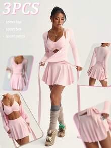 Dewbera Bộ đồ tennis 3 món dành cho nữ: Áo thể thao dài tay có dây buộc và cổ chữ V, áo ngực thể thao có đệm rời, quần short và váy tennis cạp cao 2 trong 1 có túi, thích hợp cho mặc thường ngày, chạy bộ, yoga, tập gym và chơi tennis. - Hồng - Xem 2