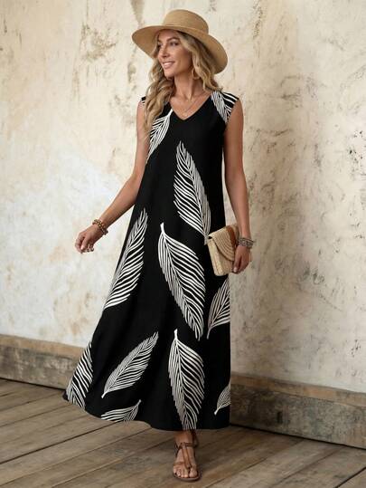 Faunlyn Vestido largo elegante de estilo bohemio con estampado de hojas en blanco y negro y aberturas laterales, vestido largo de verano para mujer, vestido maxi casual, vestido maxi de playa, vestido maxi de vacaciones, vestido elegante