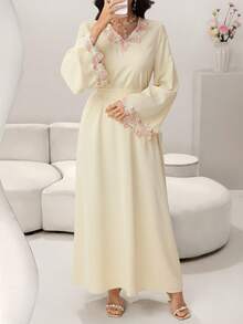 Yasmyna Elegant V-Neck Ruffle Trim Waist Fitted Flared Apricot Arabic Style Dress For Women - Apricot - View 6