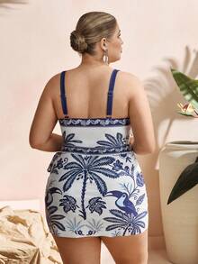 Swim Oasis 新款大码女式泳衣，夏季度假沙滩连体泳衣+裙罩衫两件套，热带植物印花优雅女士泳装两件套，大码连体泳衣 - 彩色 - 查看 2