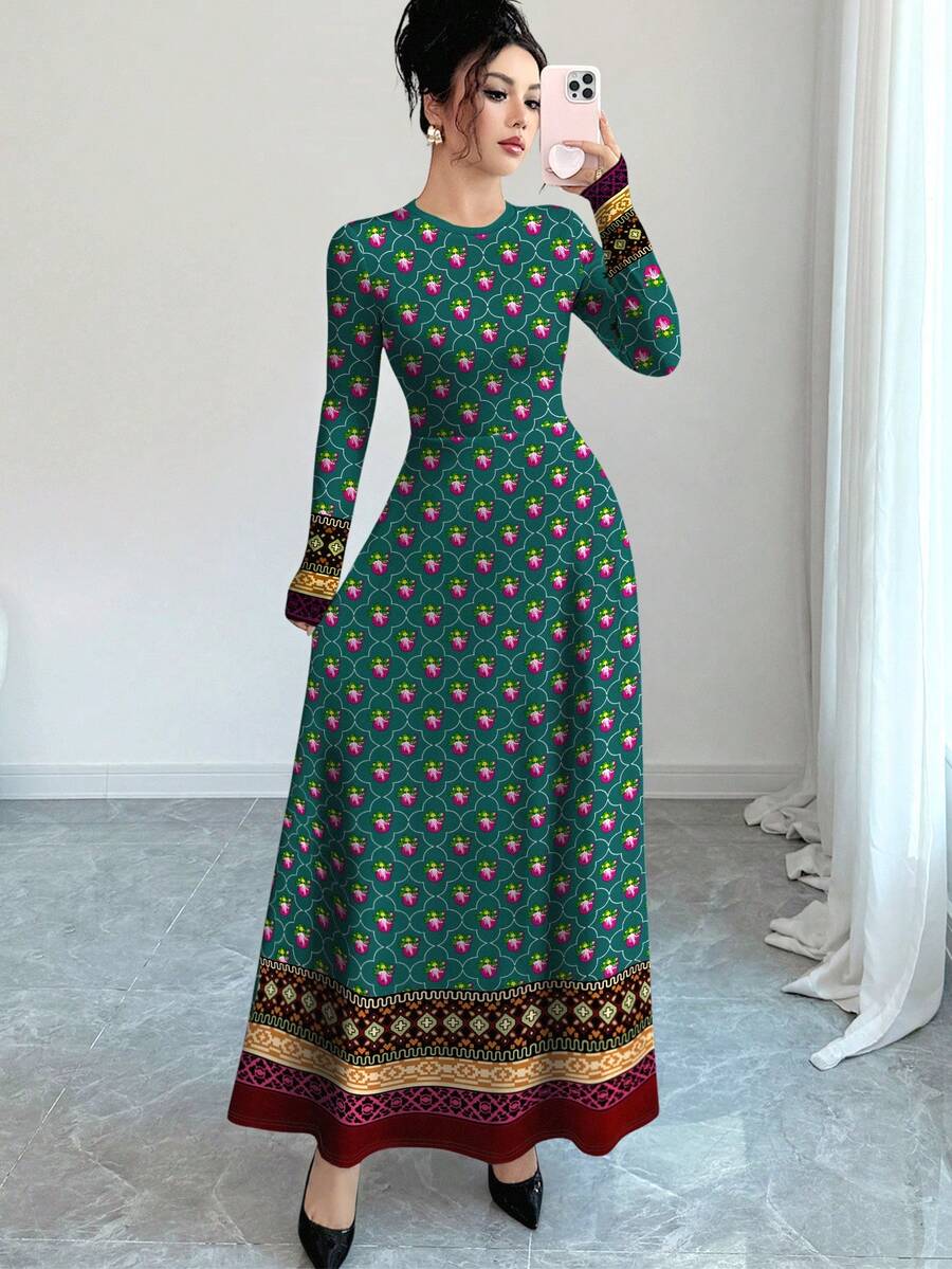 Al Najma Floral & Pattern Digital Retro Print Dark Green Crew Neck Long Sleeve A-Line Maxi Dress For Women,Autumn Ellegant Modest Boho Turkish Dining Dress - Multicolor - View 1