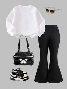 2pcs Young Girls Knitted Textured Striped Long Sleeve Pink Flare Pants Bow T-Shirt Set, Comfortable Casual Sweet Girl Outfit, Autumn Full Outfit Outfit Set Bell Bottom Outfits Girls Bow Outfit Bow Outfit Bow Bag - White - View 2