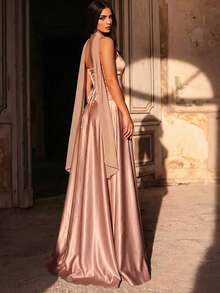 Glamrae Elegant Lustrous Satin Beaded Bustier A-Line Maxi Skirt Set,Detachable Chiffon Flounce Adjustable Tie Waist Gala Dress For Weddings,Formal Events - Khaki - View 3