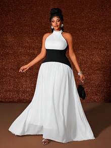 Maweii Plus Size Women's Black And White Autumn Elegant Formal Round Neck Contrast Color Block Flared Hem Mushroom Button Dress For Commute,Casual Outings - Black and White - View 3