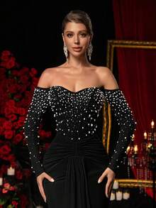 Glamrae 优雅灰紫色露肩仿羽毛薄纱长袖紧身胸衣束腰褶皱鱼尾高开衩正式礼服，适合所有正式场合，装饰华丽的晚礼服 - 黑色 - 查看 6