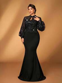 Serin Plus Size Elegant Black Winter Formal Wedding Mermaid Hem Dress,Teardrop Collar Puff Sleeve Sequin Patchwork Applique Mother Of The Bride Party Gown - Black - View 7