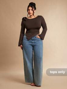 SHEIN BAE Damen Große Größen Neue Lässige Rundhals Einfarbig Kaffeebraun Schulter Schleife Dekor Asymmetrischer Saum Tailliert Gerüschtes Langarm T-Shirt, geeignet für Pendeln und Ausflüge im Frühling, Sommer und Herbst, Weihnachten, Neujahr, Lässig, Große Größen Formell, Elegant, Erntedankfest - Braun - Übersicht 1