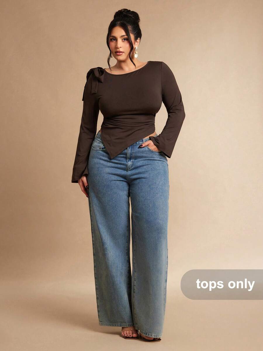 SHEIN BAE Damen Große Größen Neue Lässige Rundhals Einfarbig Kaffeebraun Schulter Schleife Dekor Asymmetrischer Saum Tailliert Gerüschtes Langarm T-Shirt, geeignet für Pendeln und Ausflüge im Frühling, Sommer und Herbst, Weihnachten, Neujahr, Lässig, Große Größen Formell, Elegant, Erntedankfest - Braun - Übersicht 1