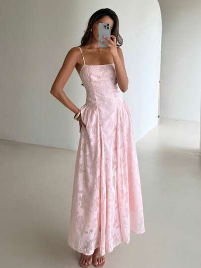Aloruh Valentine's Day Pink Romantic Backless Vacation Dress, Spaghetti Strap Long Floral Lace Chiffon Woven Dress