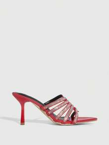 CUCCOO SZL Sandal Hak Tinggi Merah Wanita dengan Hiasan Kristal, Sepatu Pesta Musim Panas - Merah - View 4