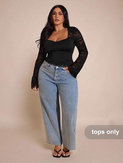 SHEIN BAE Plus Size Women Lace Patchwork Long Sleeve Fitted Fashionable Halloween Long Sleeve Top Christmas Concert For Women, Club Women Sexy