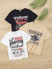 SHEIN Bộ 3 áo thun dệt kim cổ tròn dáng rộng, thoải mái, in họa tiết dành cho trẻ em/bé trai, 3 kiểu dáng. - Nhiều màu - Xem 4