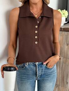 EMERY ROSE Women's Solid Color Sleeveless Button-Up Casual Tank Top - Brown - View 4