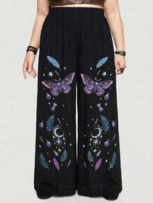 ROMWE Quần ống rộng dáng chữ A in họa tiết hoa Gothic dành cho nữ cỡ lớn, phong cách nghỉ dưỡng biển. - màu đen - Xem 3