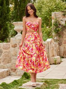 KARISMINA 女士雪纺印花抹胸上衣和半裙两件套，度假风，春夏款 - 彩色 - 查看 3