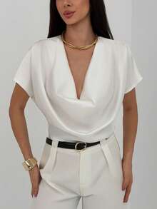 Aloruh Women's Cowl Neckline Short Sleeve Casual/Work Blouse, Spring Women - White - View 8