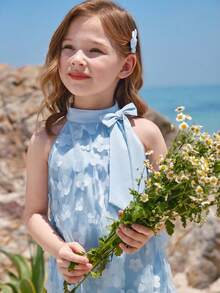 Young Girl Mandarin Collar Mesh Cutout Loose Casual Dress - Baby Blue - View 6