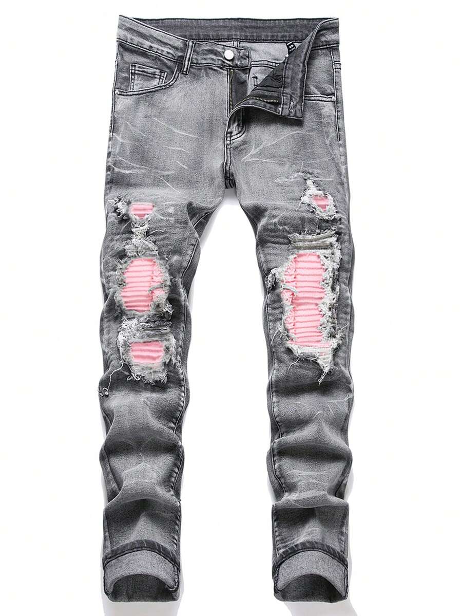 Manfinity Homme Plus Size Men's Casual Jeans With Belt Loops And Distressed Details - Grey - View 1