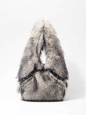 Grunge Punk Borse a spalla da donna, in peluche, borse punk con borchie, borse hobo, borse bordeaux, borse natalizie, regali per donne, San Valentino, catena in metallo, alla moda, personalità, versatile, shopping, strada, ragazze dolci e cool, ragazze alla moda, stile Y2K, uso quotidiano, autunno e inverno (motivo casuale)