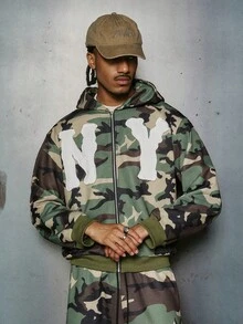 PAVTROS Conjunto de chaqueta con capucha con cremallera y estampado de letras de camuflaje y pantalones largos con cordón en la cintura, estilo casual y urbano para hombre, primavera/otoño - Verde militar - Ver 4
