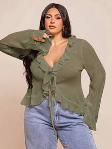 SHEIN BAE Áo cánh voan thanh lịch đầu xuân cỡ lớn dành cho nữ, có viền xếp nếp và tay dài, thích hợp cho những buổi hẹn hò lãng mạn, gặp gỡ bạn bè, hoạt động nghỉ dưỡng và những buổi đi chơi duyên dáng hàng ngày - xanh quân đội - Xem 5