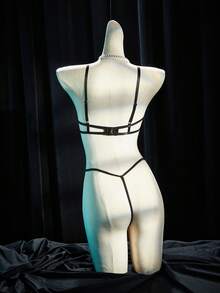 SpicyHot 2pcs Sexy Pleated Polka Dot Hollow-Out Underwire Top And G-String Set - Black - View 2