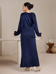 Graceveil 2pcs Women Hooded Top & Asymmetrical Hem Chiffon Pants Set - Navy Blue - View 2