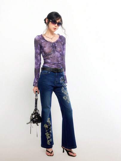 Bloopia Women's Floral Print Frill Trim Front Tie Long Sleeve Fashionable Blouse