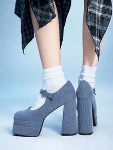 Sugerpunk Tacones altos elegantes y de plataforma impermeables de unicolor para ir al trabajo - Azul - Ver 7