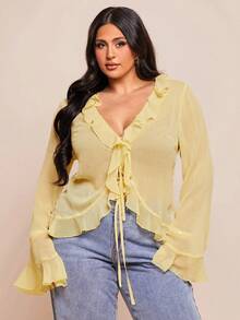 SHEIN BAE Blusa de gasa elegante con volantes para mujer de talla grande, adecuada para primavera, vacaciones, fiestas, citas - Amarillo - Ver 6