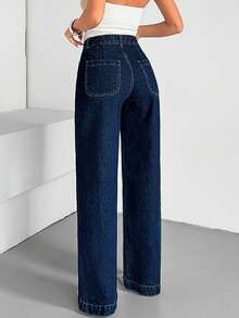 EURMUSE 高腰直筒深色水洗牛仔裤，女士休闲时尚长裤 - 深色水洗藍 - 查看 3