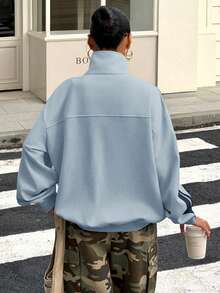 Muchica Casual Striped Blue Button-Up Lightweight Jacket For Women - Blue - View 2