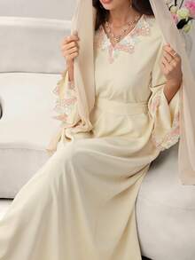 Yasmyna Elegant V-Neck Ruffle Trim Waist Fitted Flared Apricot Arabic Style Dress For Women - Apricot - View 1