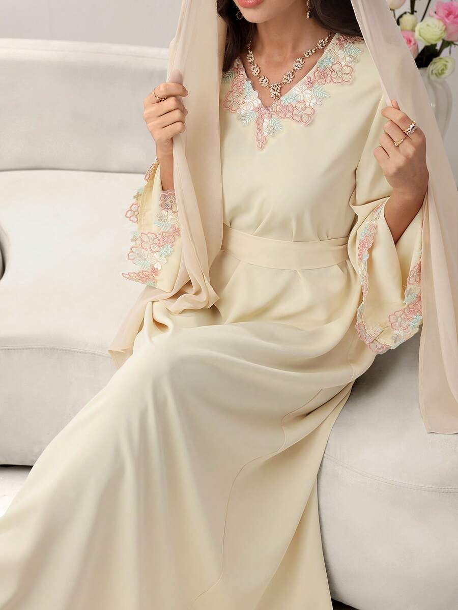 Yasmyna Elegant V-Neck Ruffle Trim Waist Fitted Flared Apricot Arabic Style Dress For Women - Apricot - View 1