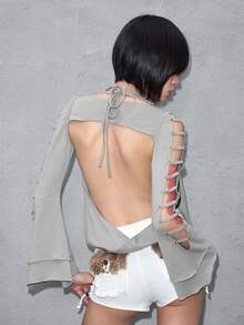 ROMWE Avant 女士纯色圆领时尚长袖镂空衬衫 - 灰色 - 查看 6