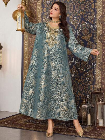 Al Najma Plus Size Women Jacquard Patchwork Beaded Embellished Elegant Party Arabic Style Dress