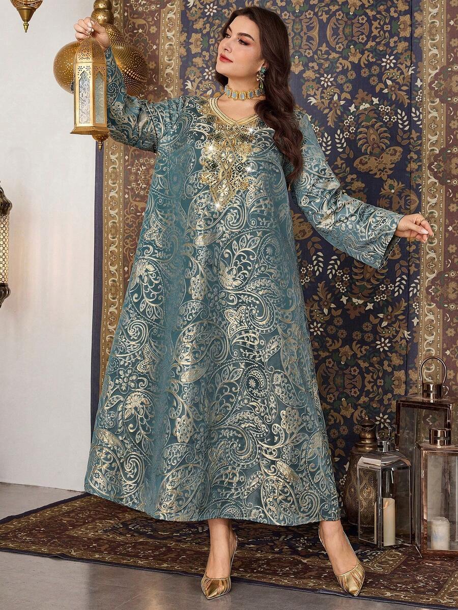 Al Najma Đầm dự tiệc kiểu Ả Rập thanh lịch dành cho nữ cỡ lớn, chất liệu jacquard, phối nhiều mảnh vải và đính cườm. - màu xanh lá - Xem 1