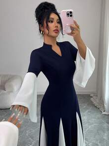 Siren Gaze Vestido longo feminino com punhos oversized em cores contrastantes - Azul - Ver 5