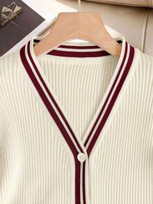 Franclia 女士轻薄V领短袖撞色罗纹修身针织开衫，休闲日常穿着，夏季 - 彩色 - 查看 6