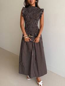 Aloruh 女士咖啡色条纹短袖修身连衣裙 - 咖啡 - 查看 5