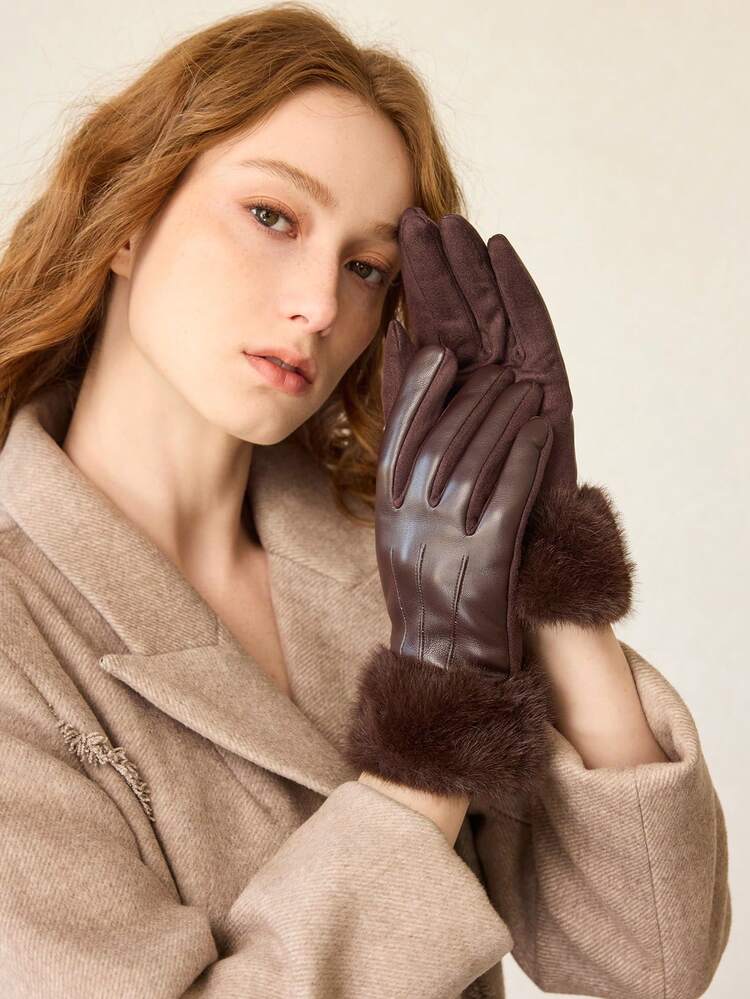 KHAKI THICKENED WARM FIVE-FINGER LEATHER GLOVES, AUTUMN/WINTER