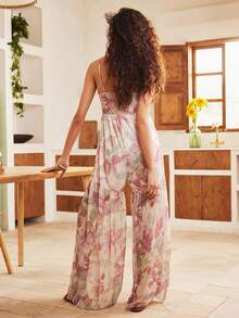 Valentine's Day Bohemian Style Floral Print Mesh Women's Jumpsuit Pajamas - Multicolor - View 3