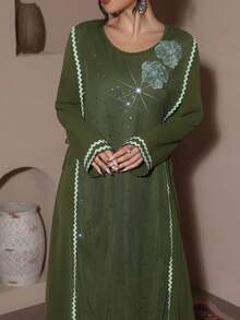 Al Najma 休闲宽松两合一长袖日常阿拉伯风格女式连衣裙 - 綠色 - 查看 7